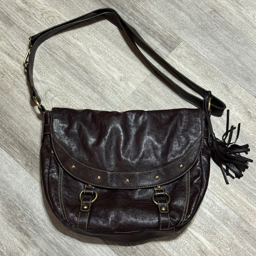 Beautiful Nine West Dark Brown Faux Leather Messenger Bag with Tassel Detail‎